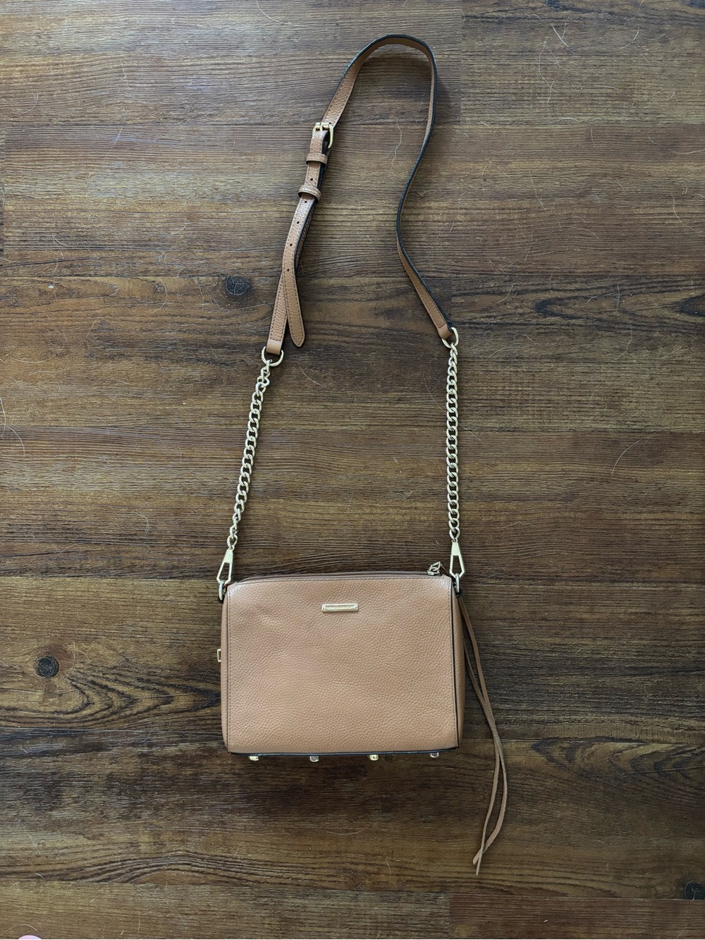 Rebecca Minkoff Tan Pebble Leather Crossbody with Gold Chain